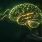 A luminous brain visual over a calm nighttime bedroom, symbolizing slow-wave sleep and brain health