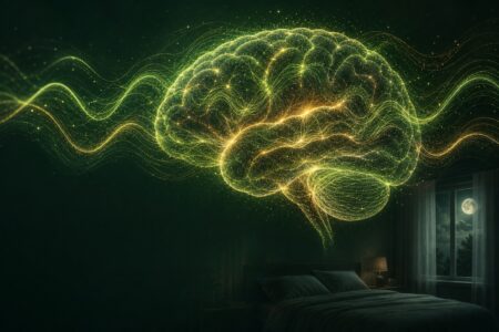 A luminous brain visual over a calm nighttime bedroom, symbolizing slow-wave sleep and brain health
