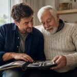 An adult son and his senior father looking through a photo album together on a couch