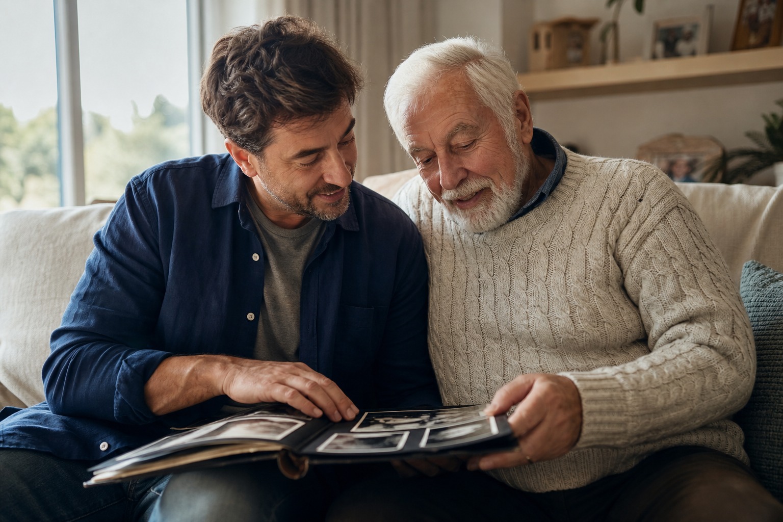 An adult son and his senior father looking through a photo album together on a couch