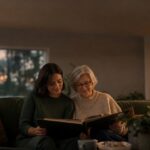 An adult woman and her mother looking through a photo album together in a warmly lit living room