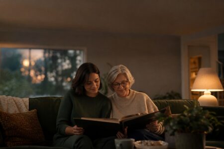 An adult woman and her mother looking through a photo album together in a warmly lit living room