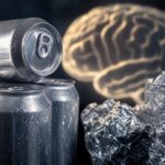 Aluminum soda cans and crumpled aluminum foil with a glowing brain silhouette in the background