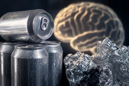 Aluminum soda cans and crumpled aluminum foil with a glowing brain silhouette in the background