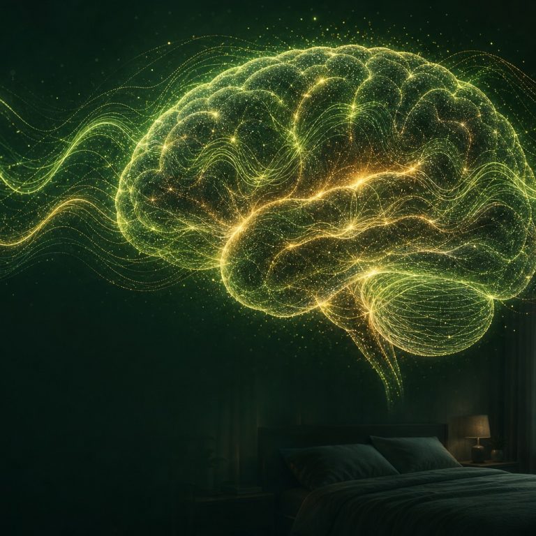 A luminous brain visual over a calm nighttime bedroom, symbolizing slow-wave sleep and brain health