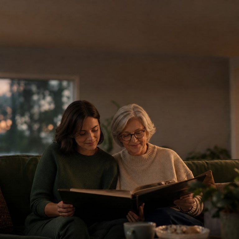 An adult woman and her mother looking through a photo album together in a warmly lit living room